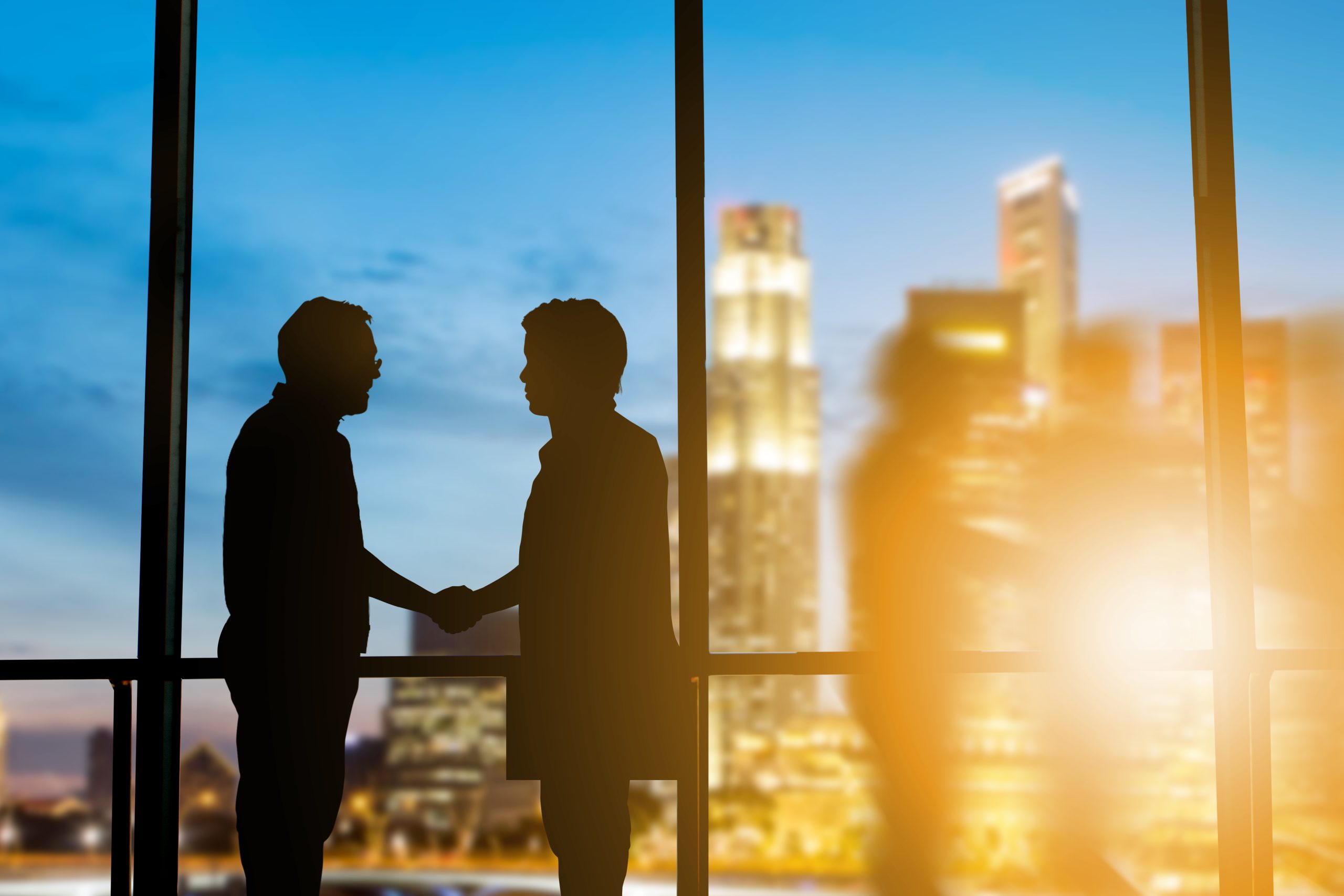 Silhouette,Businessmen,Shake,Hands,Finishing,A,Deal,Between,Businesses,Success